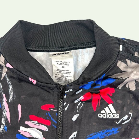 Adidas Girl's Black Floral Print Track Zip Up Jacket - Picture 6 of 7